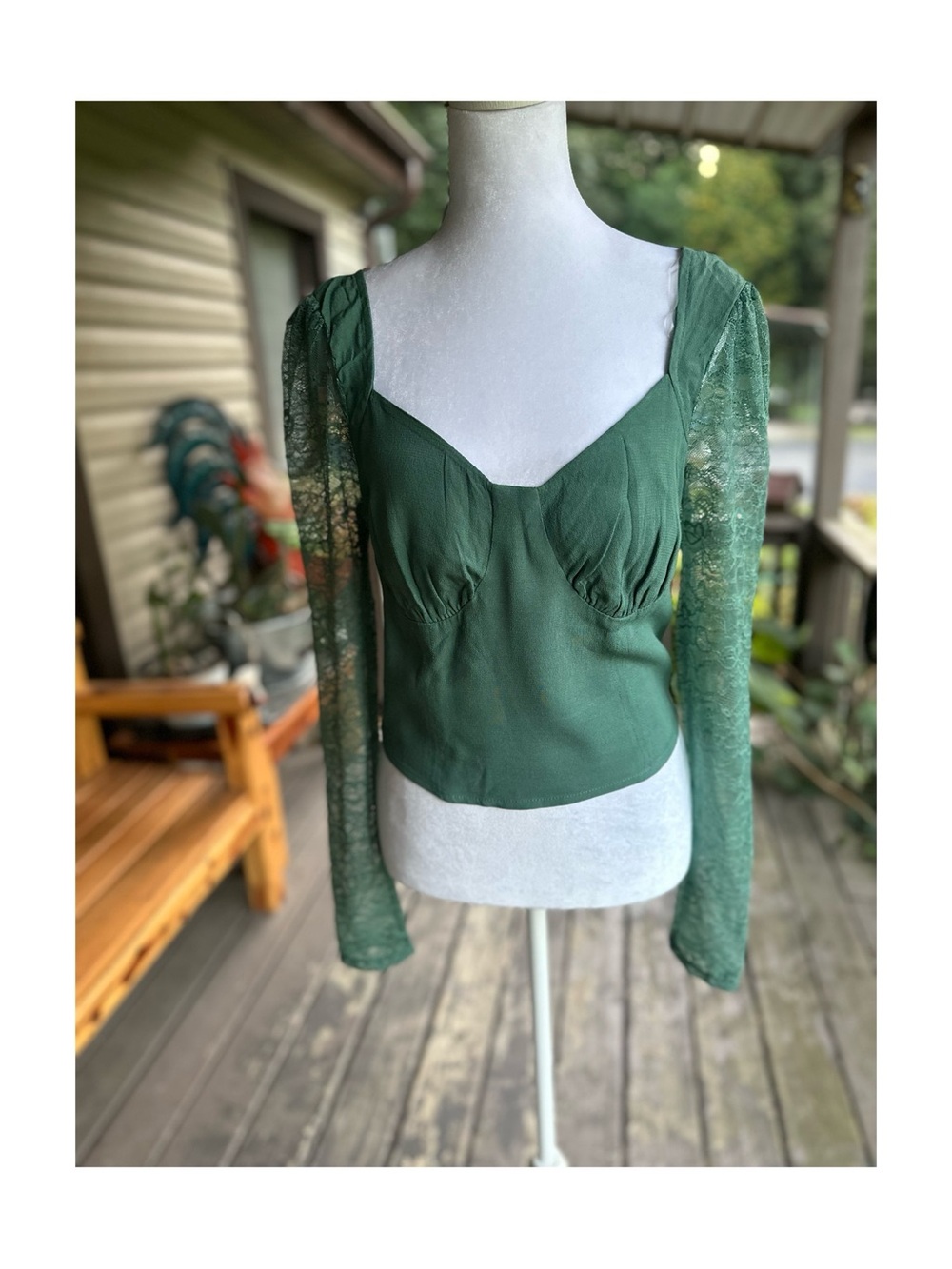 Wild Fable Forest Green Lace Sleeve Sweetheart Top Size Medium